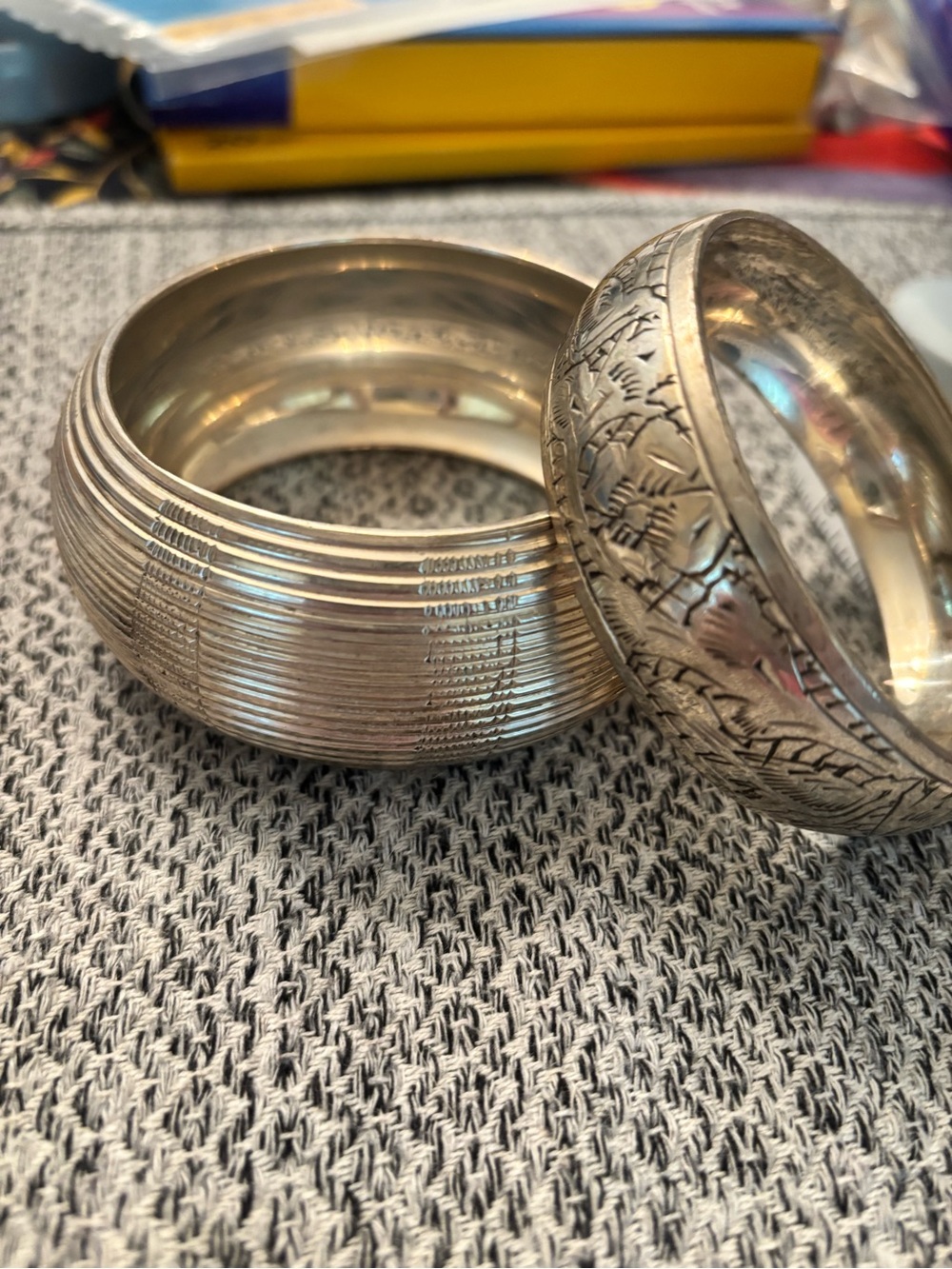 Indigenous/Mexican Set of Two Unmarked Silver Mixed-Metal Etched Bracelets